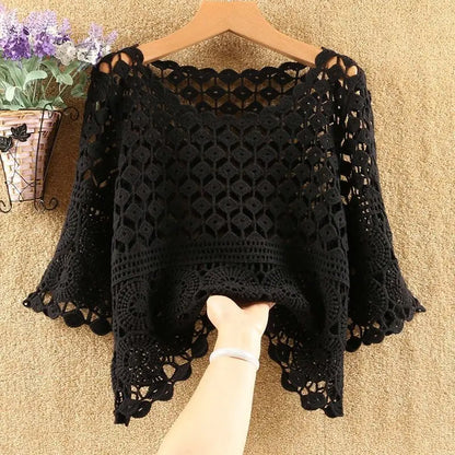 Women 2025 Spring Summer New Hook Flower Hollow Loose Pullovers Female Shawl Knitted Tops Ladies Short Jumper Sweater Tops W38