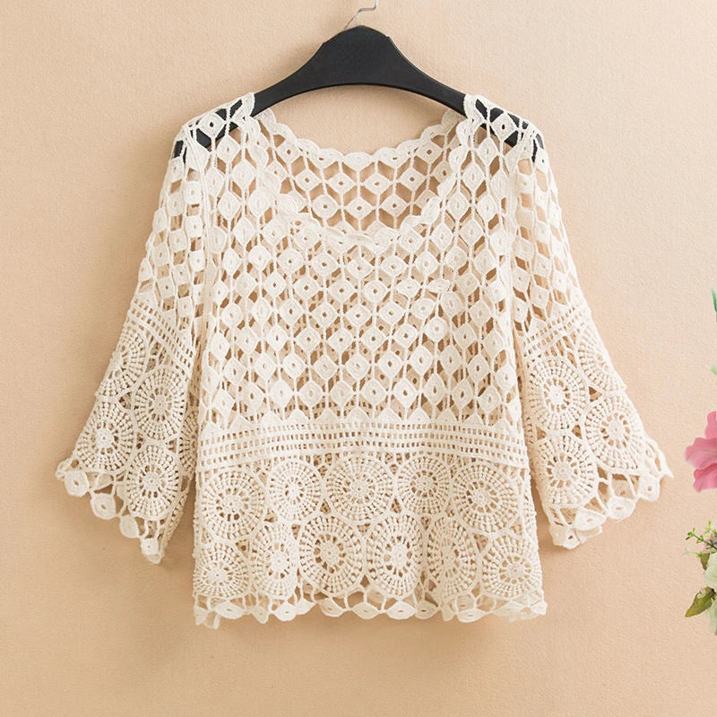 Women 2025 Spring Summer New Hook Flower Hollow Loose Pullovers Female Shawl Knitted Tops Ladies Short Jumper Sweater Tops W38
