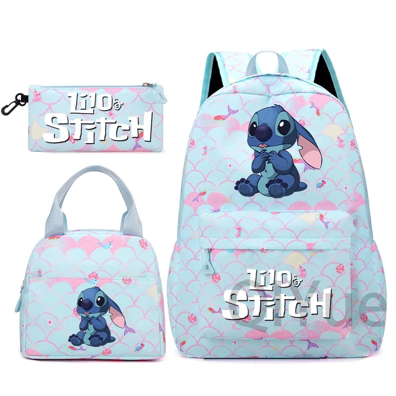 Disney Lilo Stitch Backpack Set for Girl Teen Student Back To School Knapsack Women Rucksack Mermaid Style Lunch Bag Pencil Case