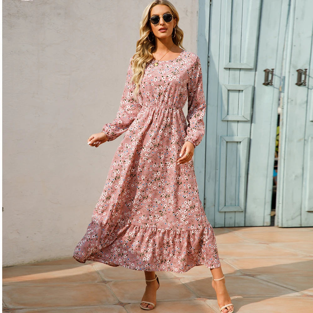 2023 Sping Summer Women Boemian Women maxi Casual cu mânecă lungă cu talie înaltă plajă de plajă rochii de șifon vestdoe florale mujer nou