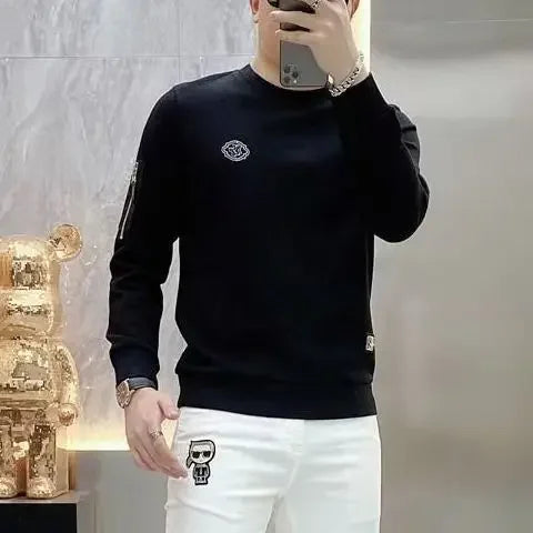 Spring Autumn Autumn Alta qualidade Luxo Camiseta redonda de pescoço masculino Trendslim Manga longa Jacquard Pullovers tops para homens