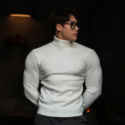 Nya mäns Turtleneck -tröjor Höststickad randig streetwear varm långärmad pullover fast färg Basic Style Casual Tops
