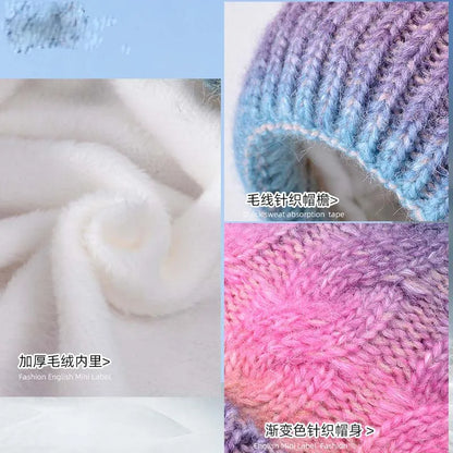 2pc/Set Winter Warm Ear Protecting Knitted Cap Scarf Fleece Thickened Gradient Color Knitted Woolen Cap Pom Ball Pullover Cap