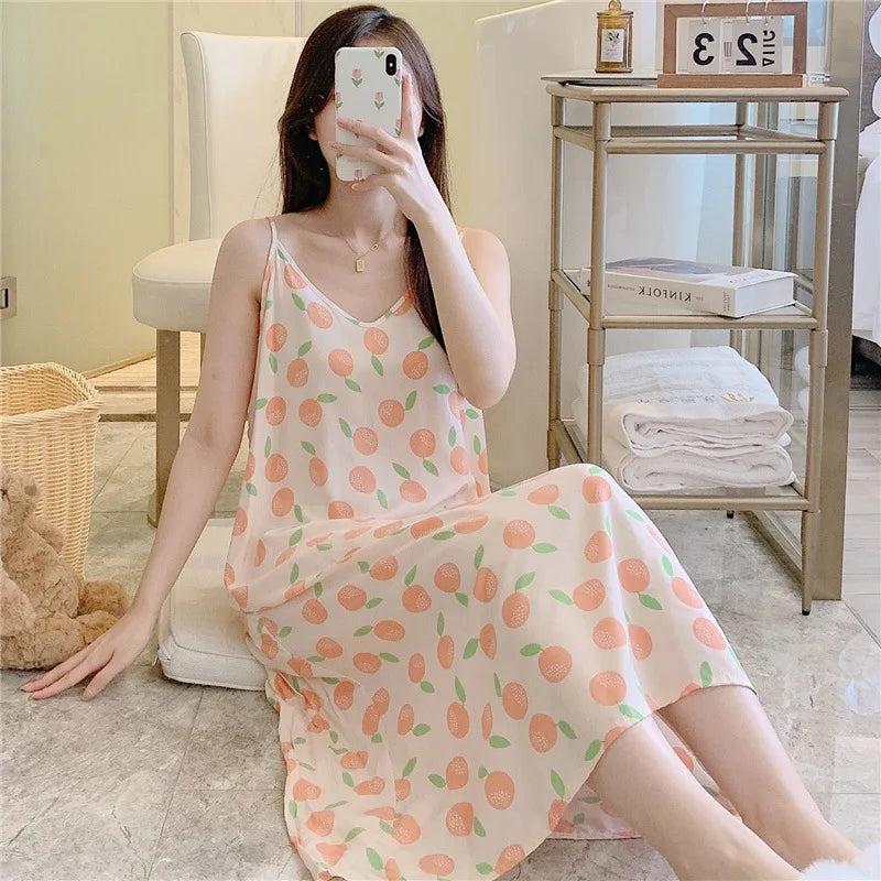 Abito da notte in cotone sottile sciolto da donna stampa stampa abbigliamento da sonno letto permanente per abito da notte carino indossare abiti da casa