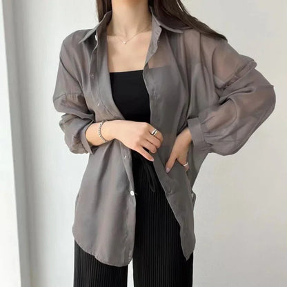 Women Shirt Long Sleeve Top Blouse Female Chiffon Loose Summer Cardigan Thin Sexy Solid Color Casual Shirt Outerwear Прозрачная