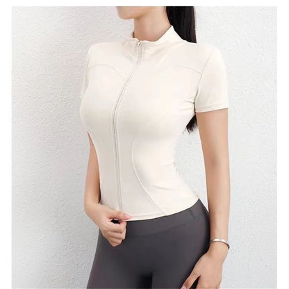Kvinnor Summer Slim Yoga Tops Stand Collar Full dragkedja Korta ärmar Skjortor Solid träningskläder Gym Lunning Coats Lady Casual