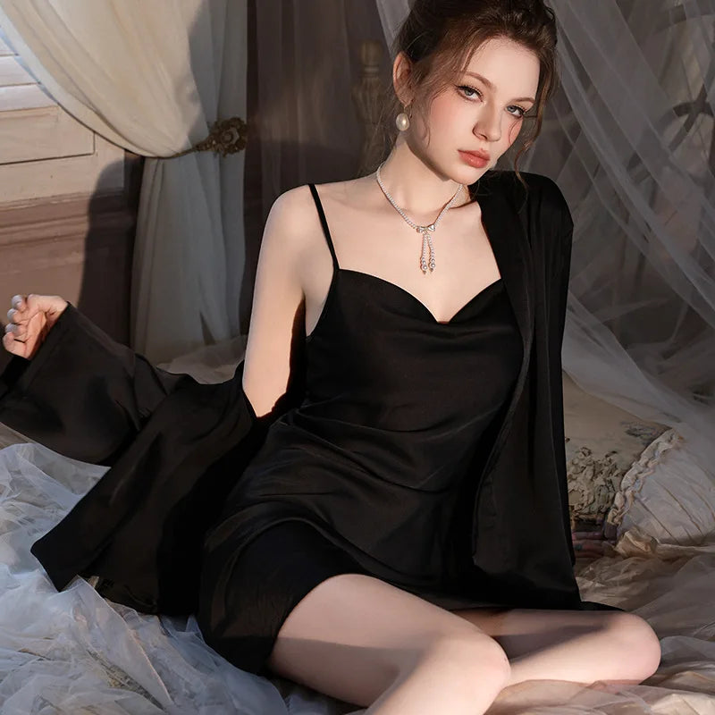 High Quality Classic Solid Nightgowns Women Summer Sexy Nightdress Elastic Satin Pajamas Female Ice Silk 2pcs Suit Nightwear ﻿