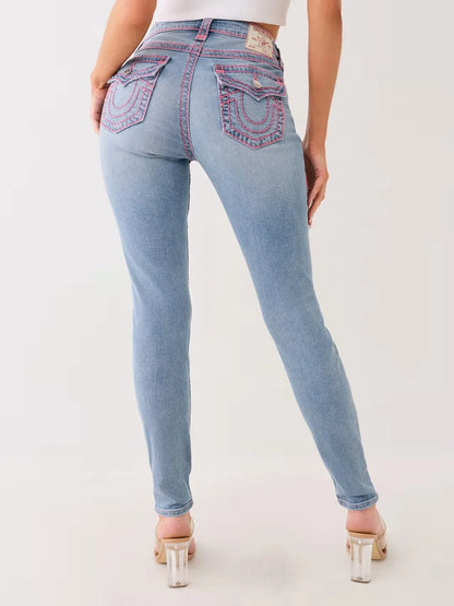Sexig retro Buddha broderad låg stigning jeans kvinnor skinny jeans fashionabla flare jean casual tvättade byxor svettkläder denim byxa