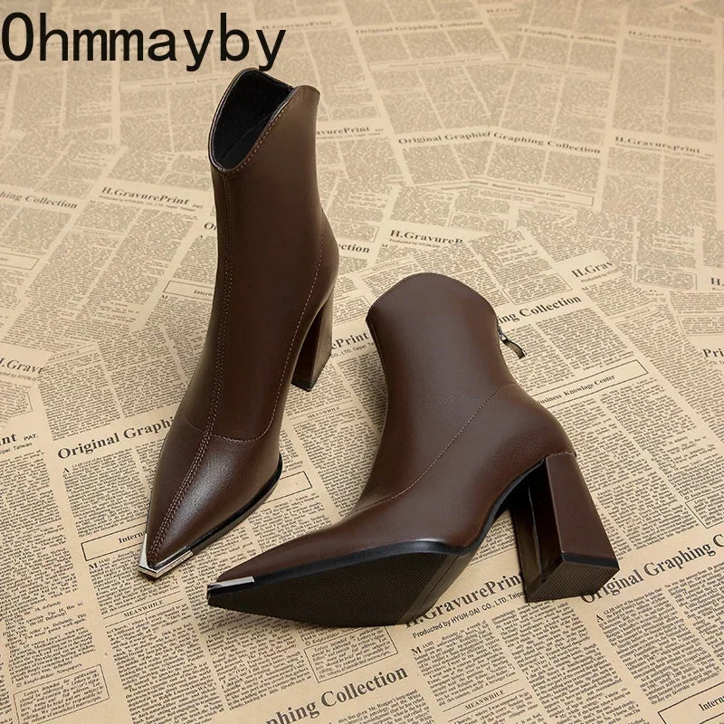 Šiljasti nožni nožni prljačice za gležnjeve modni patentni zatvarači kratki botas dame elegantne kvadratne visoke pete zima ženska obuća