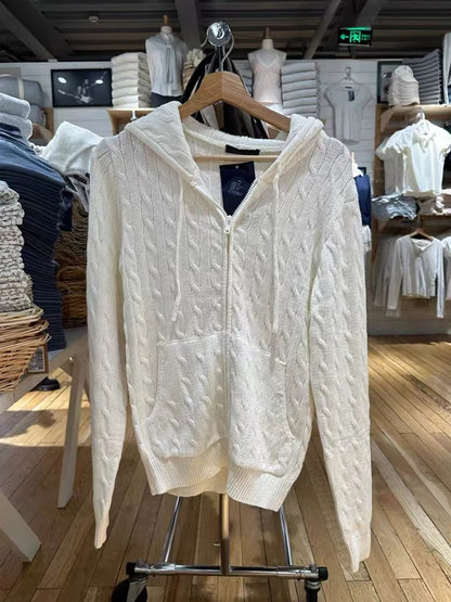 Cardigans de malha rosa de flor torcido Mulheres Autumn Capuzes Capuz Zipper suéter sólido Súlito doce solto casacos y2k