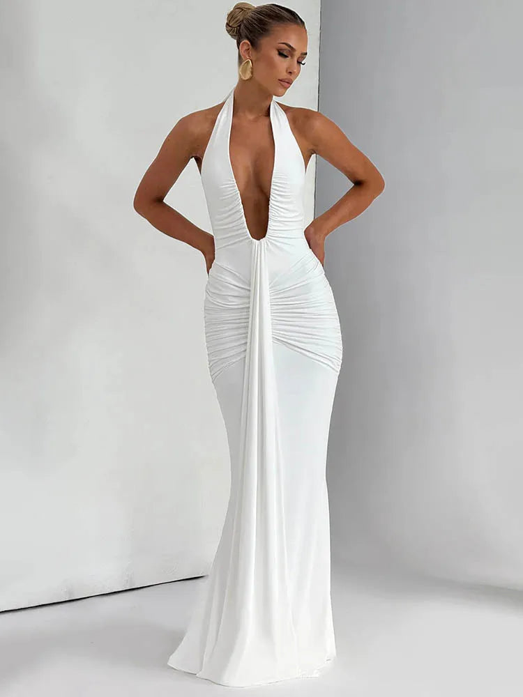 Mozision Deep V Neck Draped Ruched Sexy Maxi Dress Women Summer Fashion Halter Sleeveless Backless Club Party Long Dress Elegant