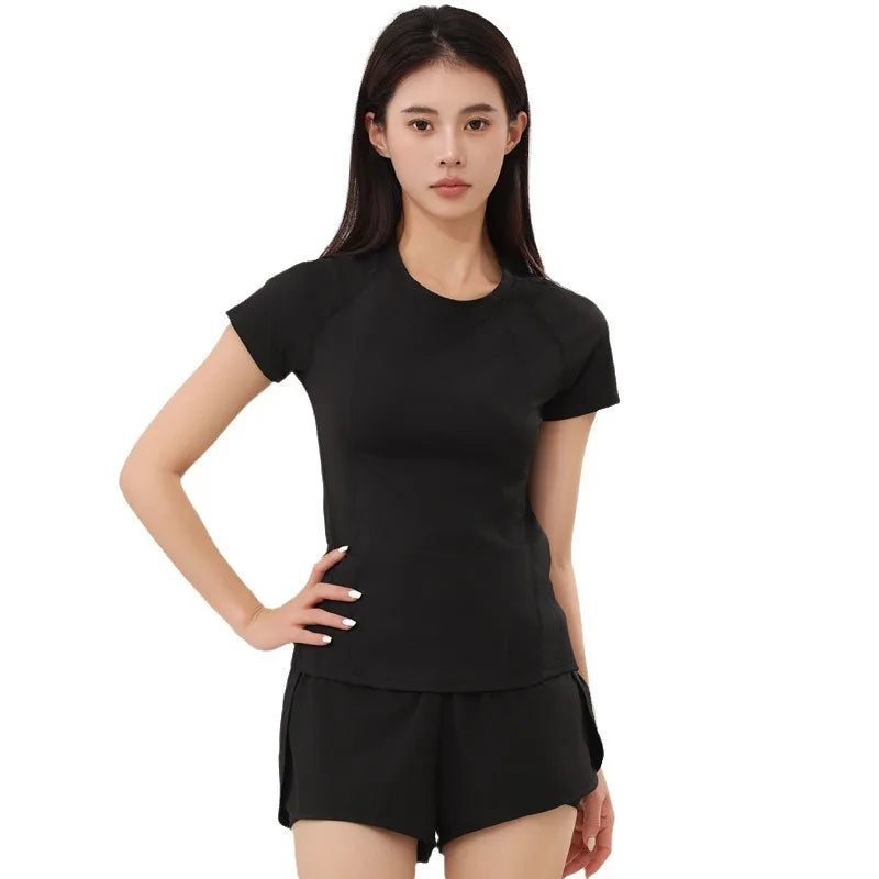 American Minimalist Style Non-marking Yoga Sports Tops Women Round Neck Slim Sports Fitness Mesh Quick Dry Fitness Clothing
