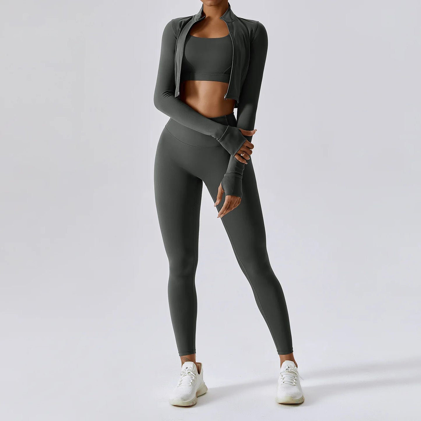 3 Pieces Women Tracksuit Yoga Set Workout Sportswear Gym Clothing Fitness Long Sleeve Crop Top High Waist Leggings Sports Suits