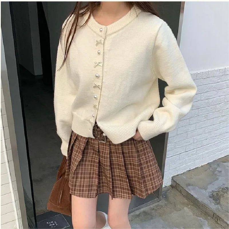 Cute Sweet Bow Pearl Buttons Loose Sweater Women Korean Preppy Style Autumn Spring Long Sleeve O Neck Knitted Cardigans Coats