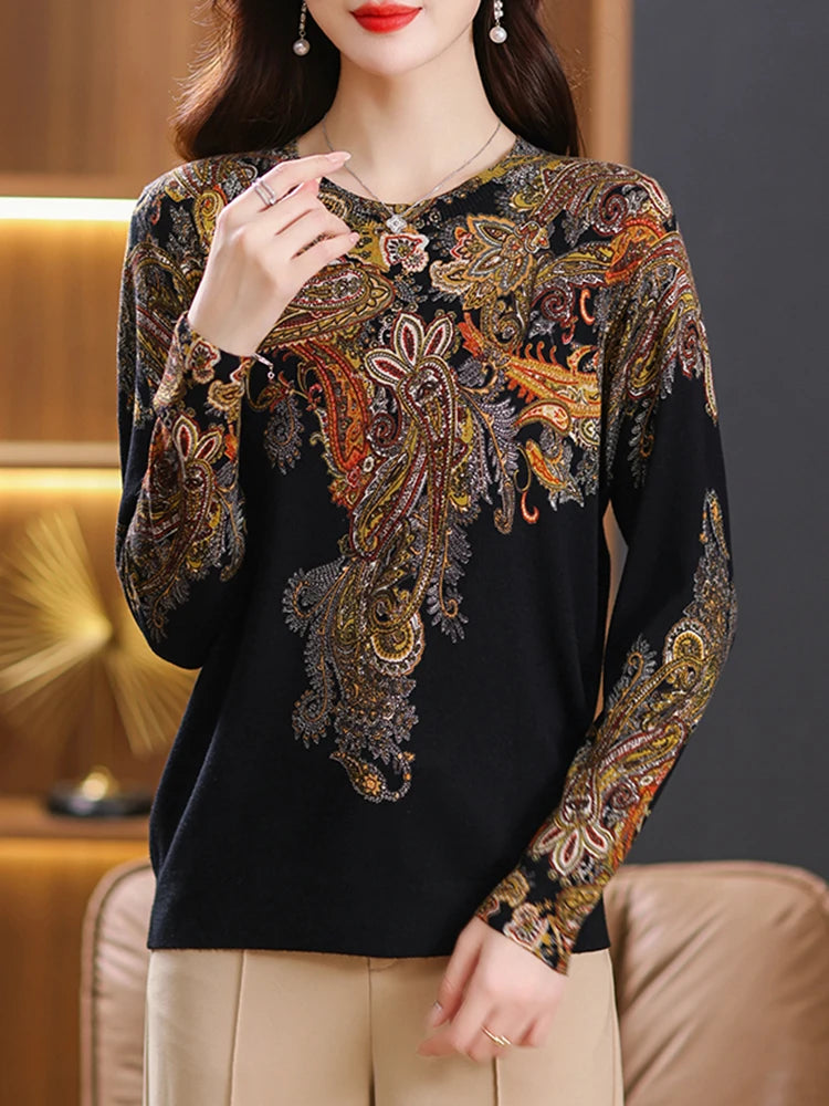 YISU 2023 Fashion Printed Sweater Pullover Women Autumn Winter Soft Loose O-Neck Long Sleeve Knitted Jumpers Sweater Women