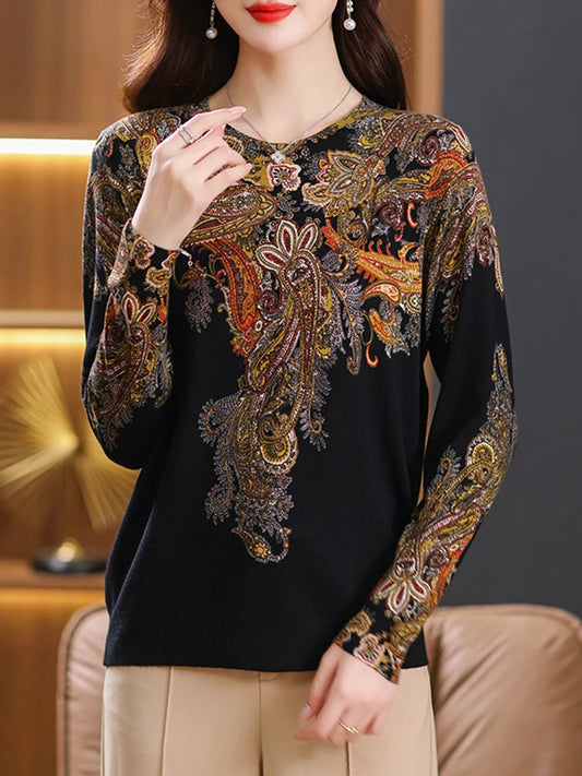 YISU 2023 Fashion Printed Sweater Pullover Women Autumn Winter Soft Loose O-Neck Long Sleeve Knitted Jumpers Sweater Women