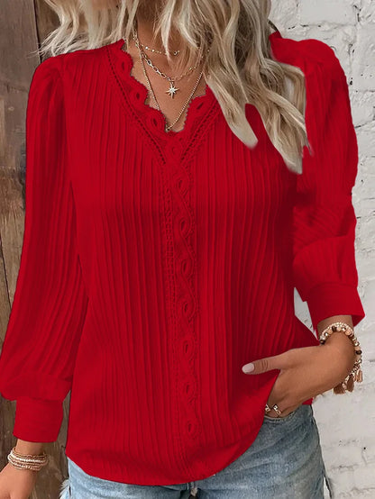 Elegant sommer hul blonder patchwork kvinder shirt chic blouse v nakke langærmet shirt almindelig blonder afslappet grundlæggende regelmæssige toppe