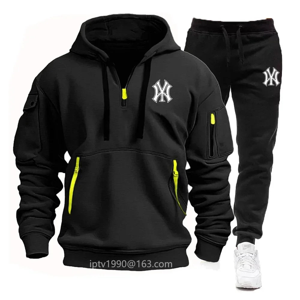 Spring et automne 2025 Sweat à capuche à fermeture éclair multi-poche pour hommes, ensemble de pantalons de survêtement en 2 pièces, vêtements de sport de fitness décontractés