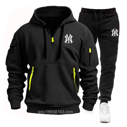 Men's Spring and Autumn 2025 multi-pocket zipper hoodie set, 2-piece set of sweatpants, casual fitness sportswear