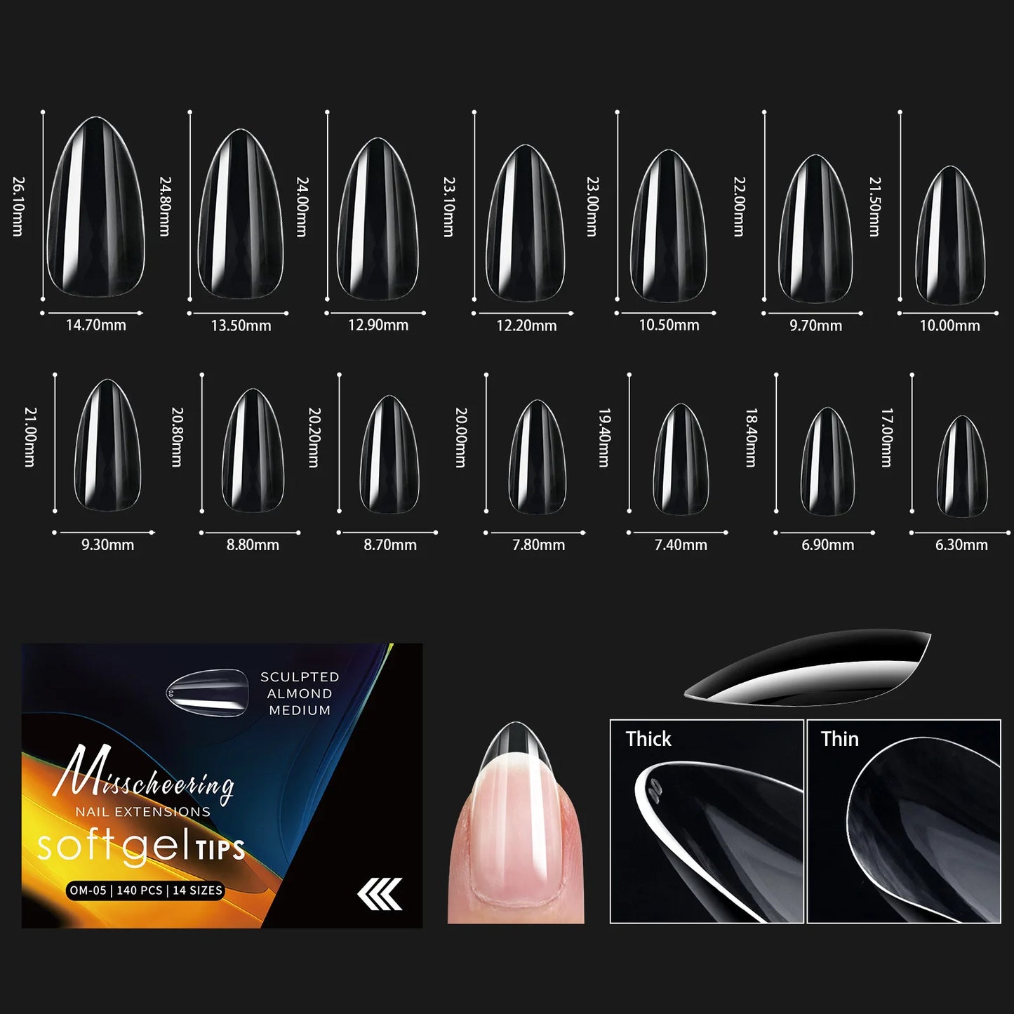 120/140pcs Almond Stiletto False Nail Tips Clear Soft Fake Nails Extension For Home DIY Nail Salon Manicure Press On Nails