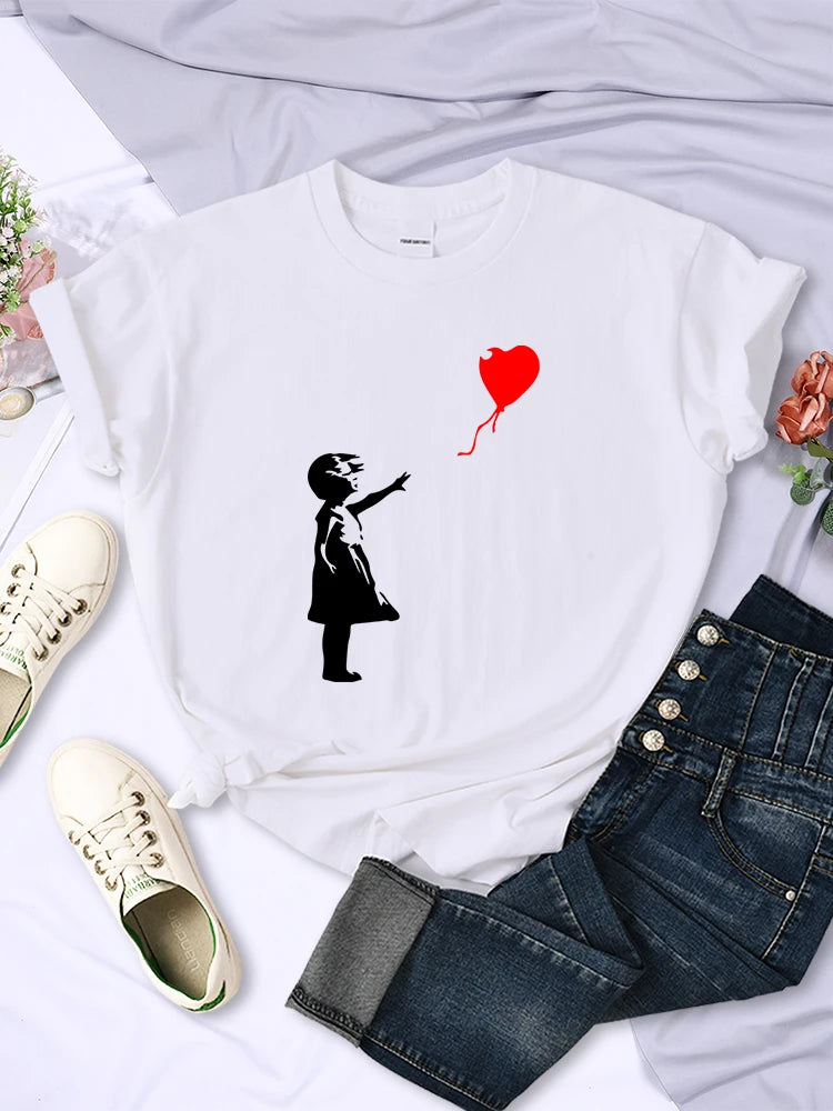 Let’s Fly Love Balloons estampados Camiseta para mujer Softación suave transpirable Manija corta Hip Hop Tendencia Tops ropa de camiseta femenina casual
