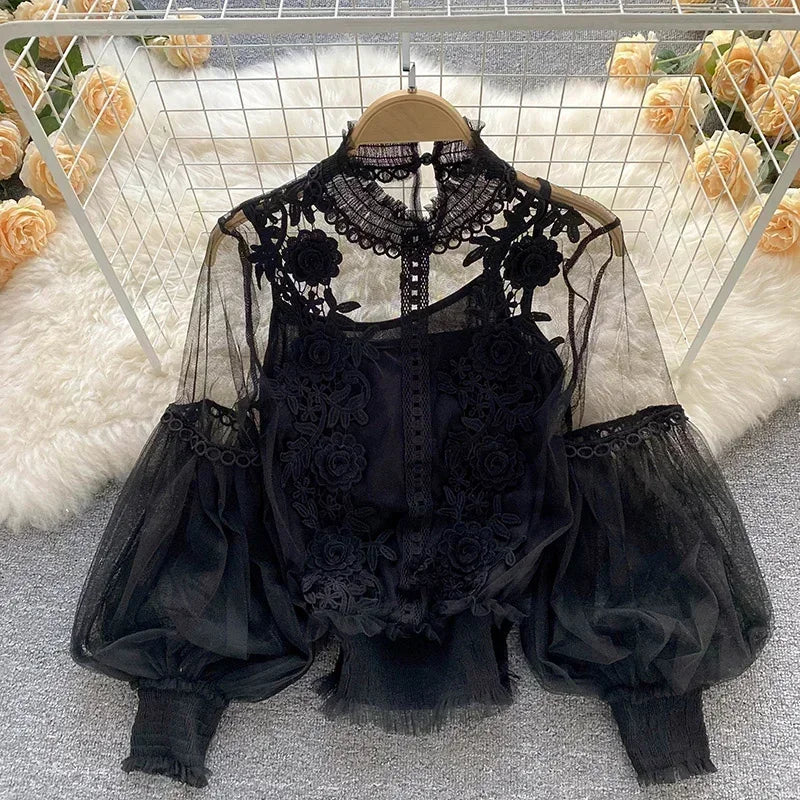 Čipka puff dugi rukavi bluza vintage modne bluze elegantne femme blusas korejske žene vrhovi žene majice odjeća Dropshipping