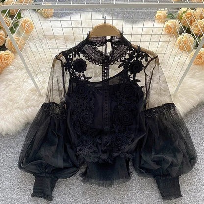 Čipka puff dugi rukavi bluza vintage modne bluze elegantne femme blusas korejske žene vrhovi žene majice odjeća Dropshipping