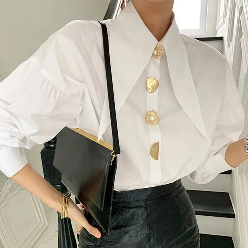 Bijele elegantne biserne žene košulje korejski oštar kutni ovratnik labavi dugi rukavi dame bluza y2k moda novi chic ženski vrhovi