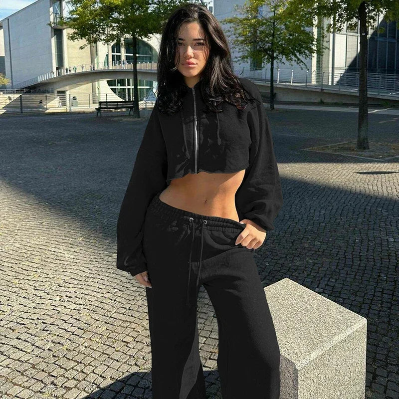Y2K modă europeană și americană cu glugă scurtă pentru femei Costum sportiv subțire cu mâneci lungi de top cu curea cu centură pantaloni sportivi la modă