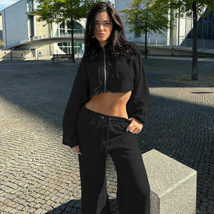 Y2K modă europeană și americană cu glugă scurtă pentru femei Costum sportiv subțire cu mâneci lungi de top cu curea cu centură pantaloni sportivi la modă