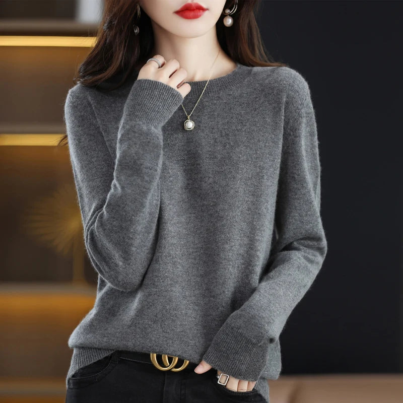 100% pure wool cashmere sweater women's O-neck pullover casual knitted coat autumn and winter women's coat basic 18 colors