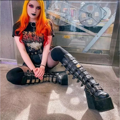 Kvinder støvler cosplay damer høj hæl platform kiler kvinder høje støvler gotisk spænde stropp lang rør læder kvindelige støvler plus SI