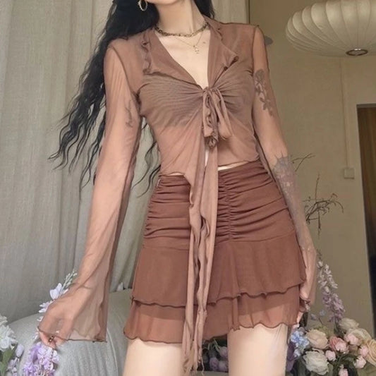 Bluze lungi cu mânecă de flăcări pentru femei din dantelă, fete dulci sexy fierbinte, stil coreean, stil de modă, design solid, elegant casual