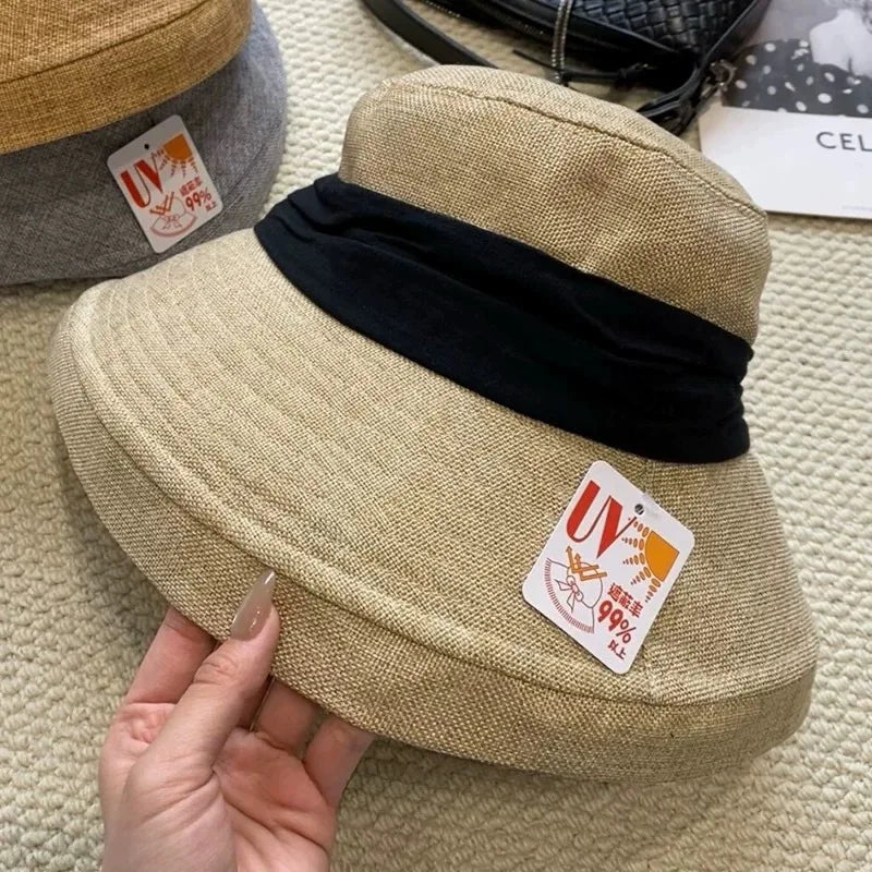 Old Money Style Cotton Linen Sun Hats Women Travel Breathable UV Protection Hat Summer Beach Quiet Luxury Wide Brim Bucket Hats