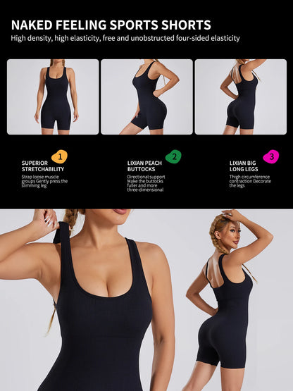 Frauen sexy Faden -Yoga -Anzug Jumpsuit Ärmel und hohe Elastizität Schnell trocknen atmungsaktiven Overall Shorts Push Up Sportswear