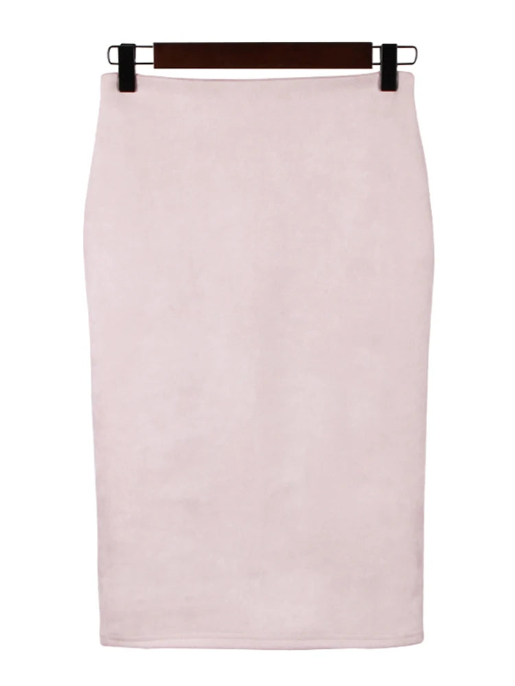 Sexy Multi Color Suede Midi Pencil Skirt Women 2024 Fashion Elastic High Waist Office Lady Bodycon Skirts Saias