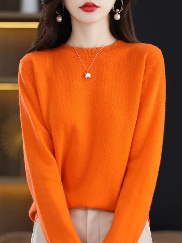 Mode 100% merino ull kvinnors tröja o-hals långärmad pullover vår höst vinter bast Jumper kläder stickkläder toppar