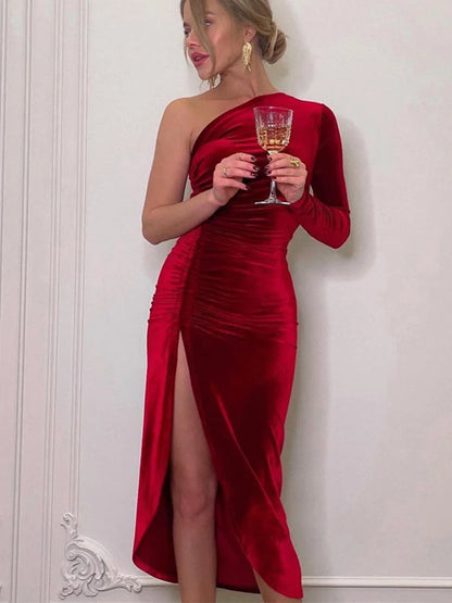 Frauen eleganter Langarm Party Abend Samt Bodycon Split Bleistift Midi Kleider Frühling Herbstkleidung