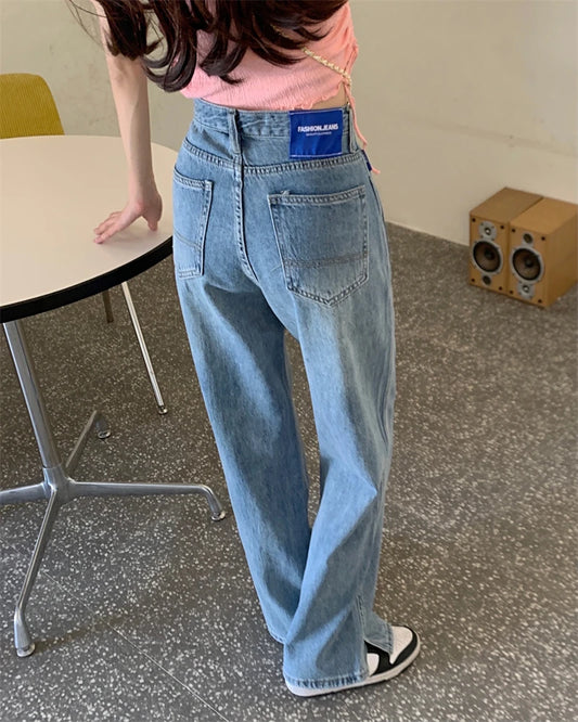 High Waist Wide Leg Straight Jeans Women's Summer 2023 New Loose Fit Design Sensation Small ence Split Floor-Length Pants