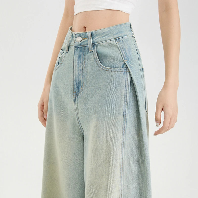 Summer Lyocell Thin Woman Jeans High Waist Wide Leg Denim Clothing Design Sense Comfort Straight Pant Retro Blue Casual Trousers