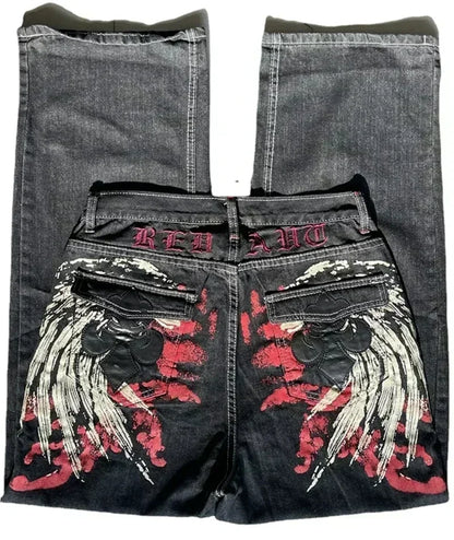 Street Fashion Trend Skull Embroidered Jeans Women Harajuku Y2K New Hip Hop Joker Straight Wide-leg Pants Couple Casual Jeans
