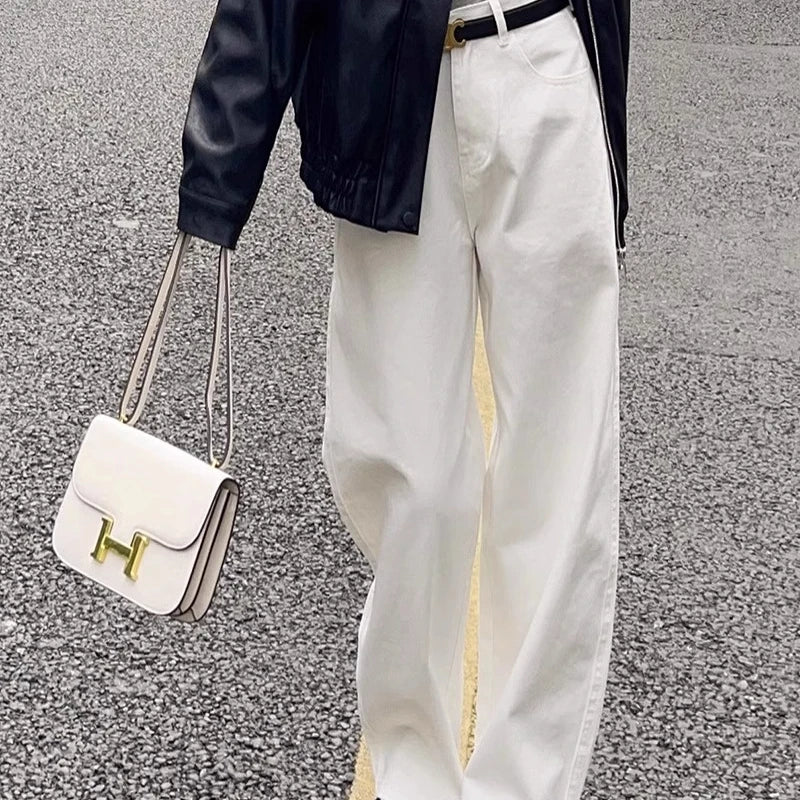「MD」Loose White Wide Leg Jeans Women Drape High Waist Straight Wide Leg Pants Mopping Pants