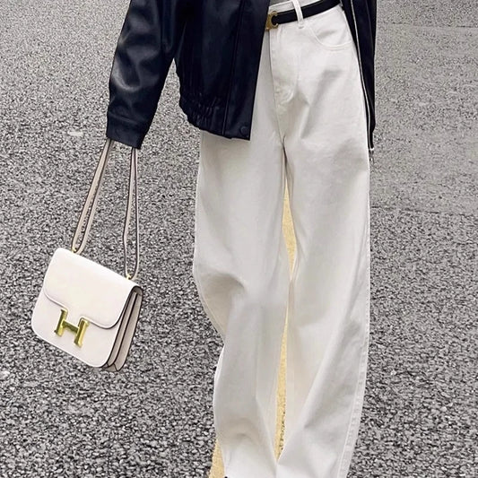 「MD」Loose White Wide Leg Jeans Women Drape High Waist Straight Wide Leg Pants Mopping Pants