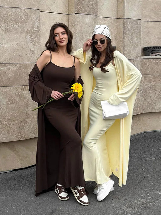Women's Cardigan Long Dress 2 Piece Set Solid Slip Hip Package Dress Long Sleeve Cardigan 2025 Casual Fashion Women's Dress Set