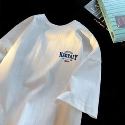 8xl férfiak túlméretezett divat laza amerikai vintage levél naet nyomtatás rövid ujjú kerek nyak sokoldalú trend pár ruha