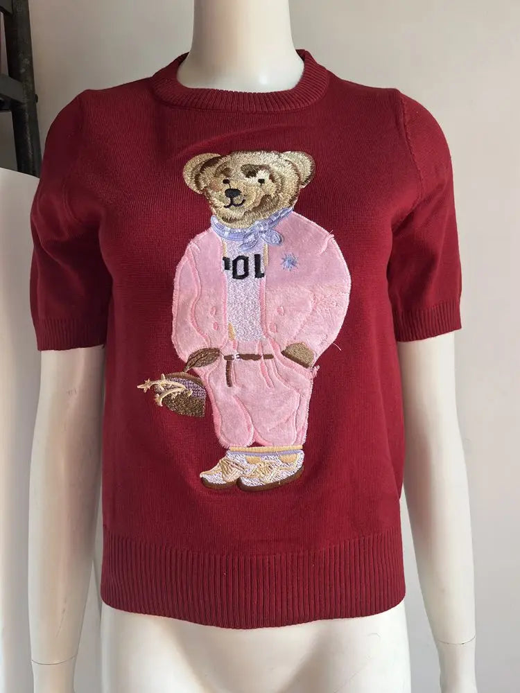 Eurooppalainen tyylinen luksusbrändi löysä O-kaula-aukkoa Pullover Tops Neule Woman Lyhythihainen T-paita Ladies Wooleulottu villapaita