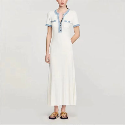 Elegant kontrasterende kvinder strik maxi kjole chic o-hals kortærmet metal knapper bodycon kjoler kontor dame pendler kjortel