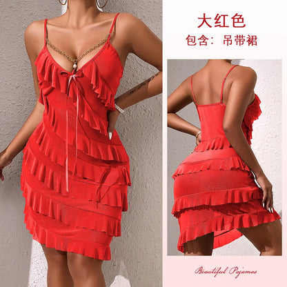 Sexy Night Dress Multi Layered Ruffles Pajamas Dress Golden Chain Pearls Nightgown Mesh Suspender Nightie Home Wear Tiered Skirt