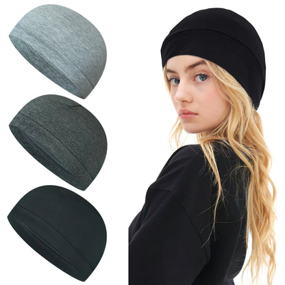 3-Pack Unisex-Schädelkappen: Baumwolle oder 75% Nylon/25% Spandex Mützen | Sweat-Tailing Leichtes Gewicht zum Laufen, Radfahren, Schlaf | Mult