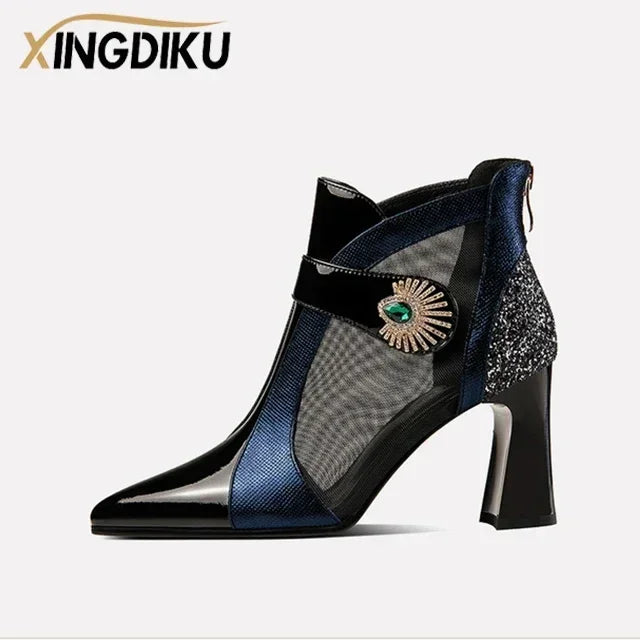 2022 Summer Mesh andningsbara sandaler med strass dekorationformade klackar retro brittisk stil sandaler läder stövlar kvinnor